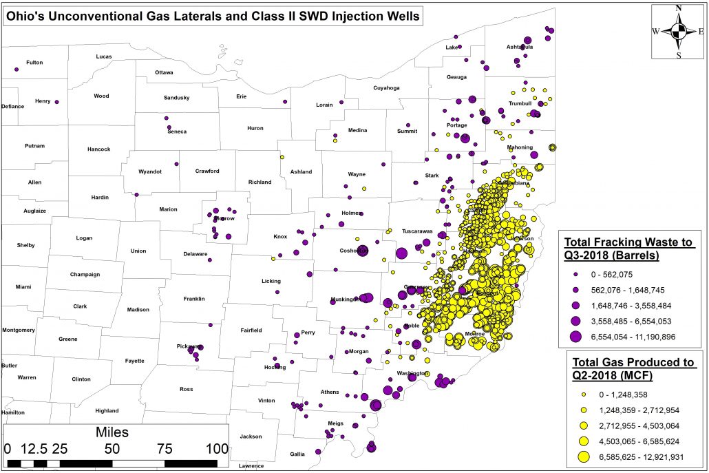 Map of Ohio showing cumulative production of unconventional wells and waste disposal volume of injection wells