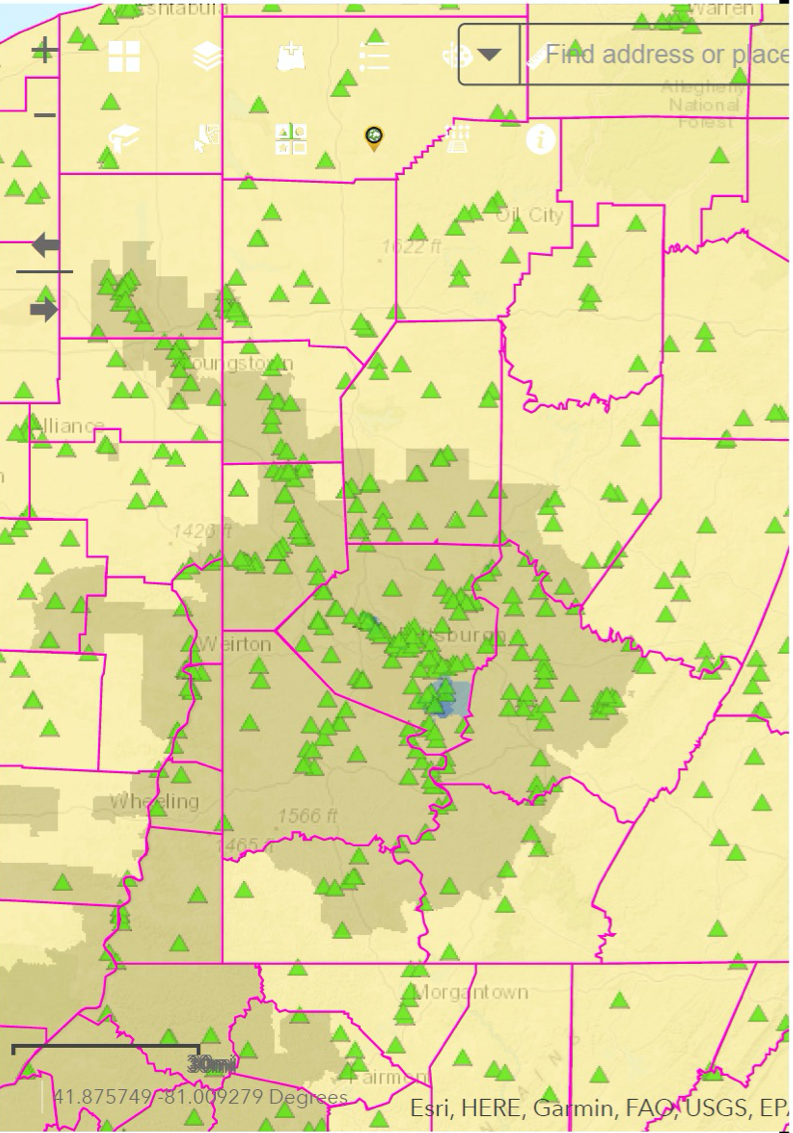 Cancer risk map in Southwestern Pennsylvania in 2014 from the National Air Toxics Assessment in the EPA. 