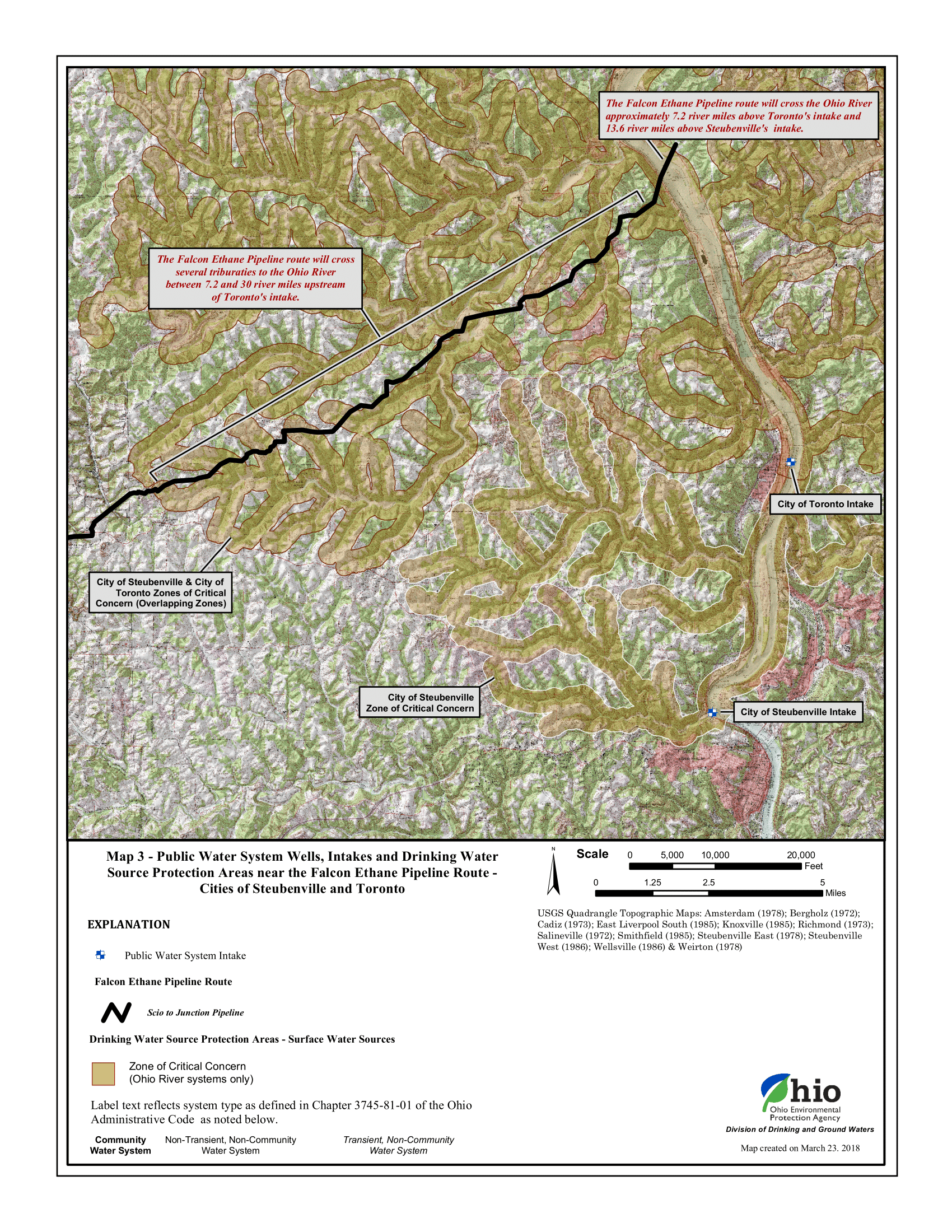 Public water system wells, intakes, and Drinking Water Source Protection Areas nears the Falcon Pipeline Route