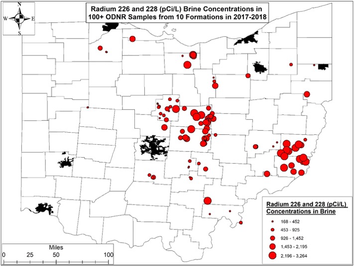 Radium 226 and 228 (pCi/L) Brine Concentrations in 100+ ODNR Samples from 10 Formations in 2017-2018