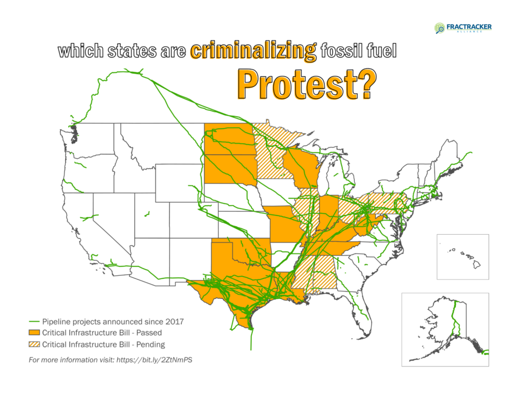 Map of pipelines and states with critical infrastructure legislation