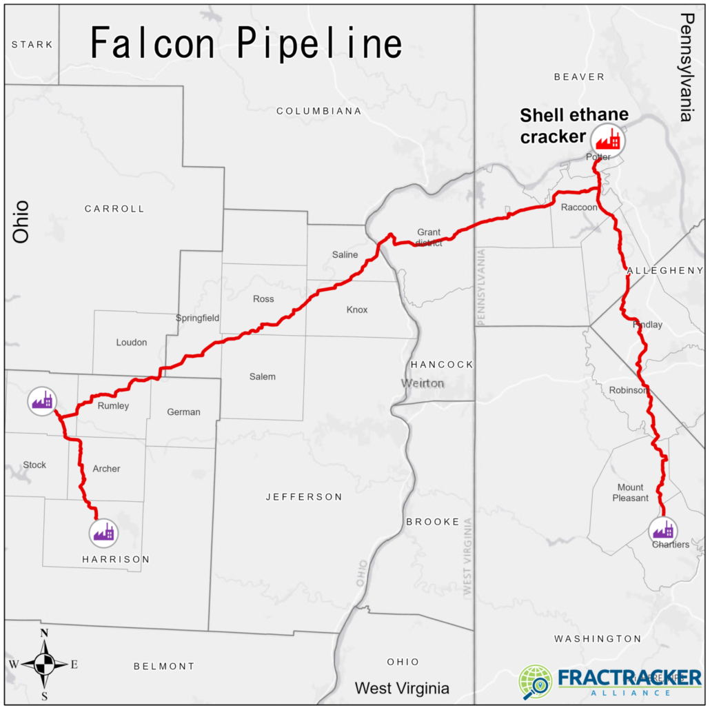 Shell's Falcon Ethane Pipeline System, which crosses through Ohio, under the Ohio River into West Virginia, and Pennsylvania, to connect to Shell's ethane cracker in Beaver County, PA.