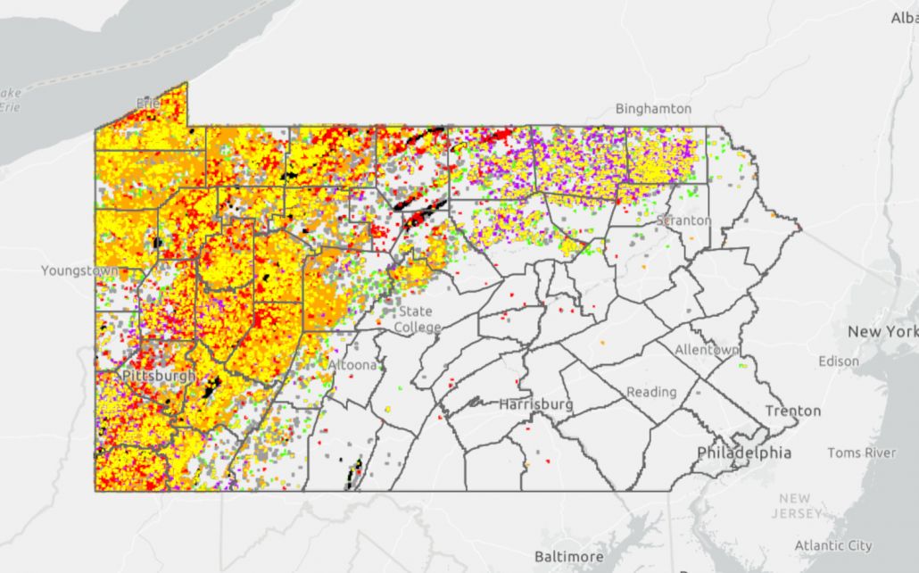 Oil and gas wells and violations in Pennsylvania through 1/12/2022.