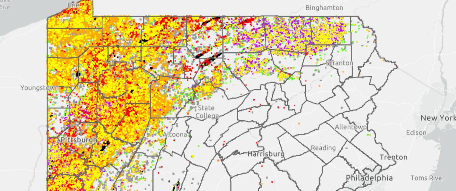 Oil and gas wells and violations in Pennsylvania through 1/12/2022.