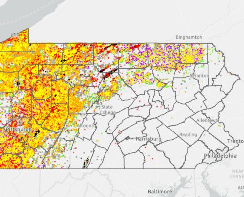 Oil and gas wells and violations in Pennsylvania through 1/12/2022.