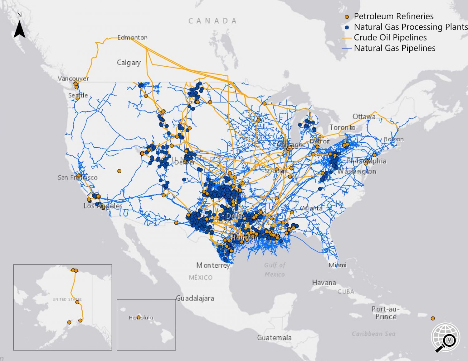 United States Map of Pipelines and Processing Stations