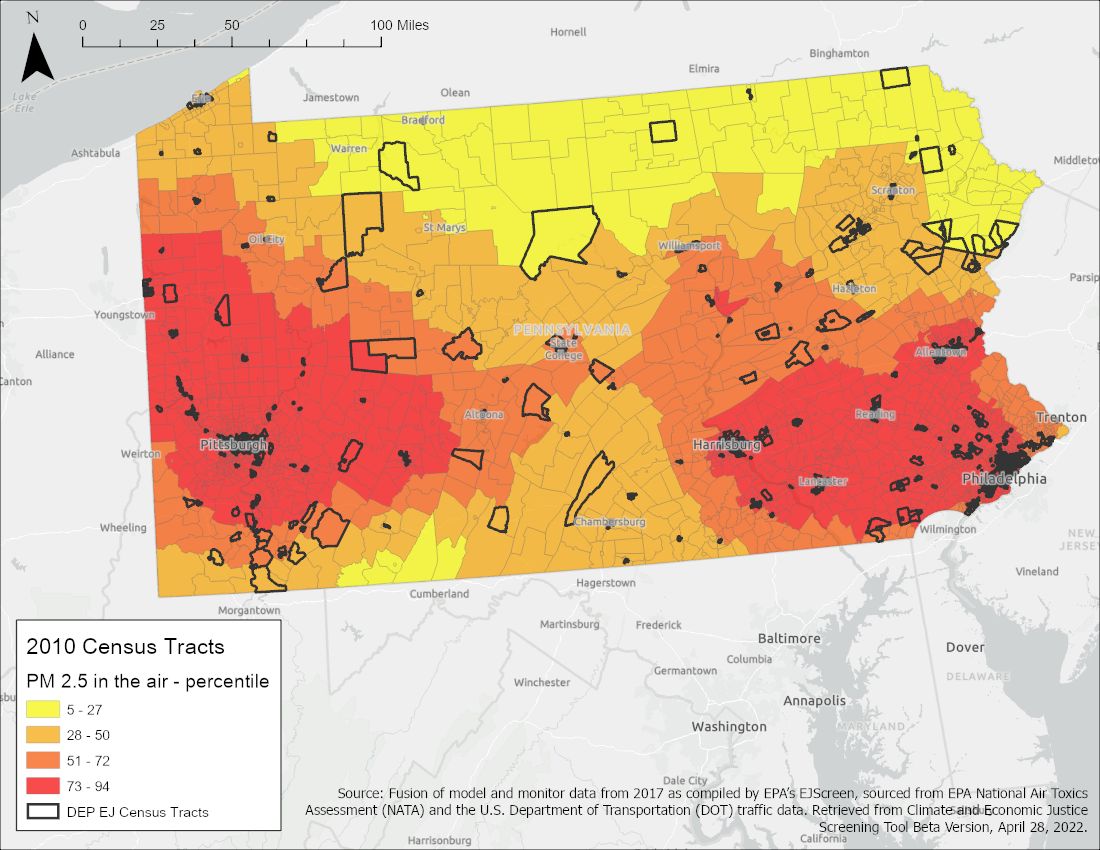 Map of air pollution in Pennsylvania