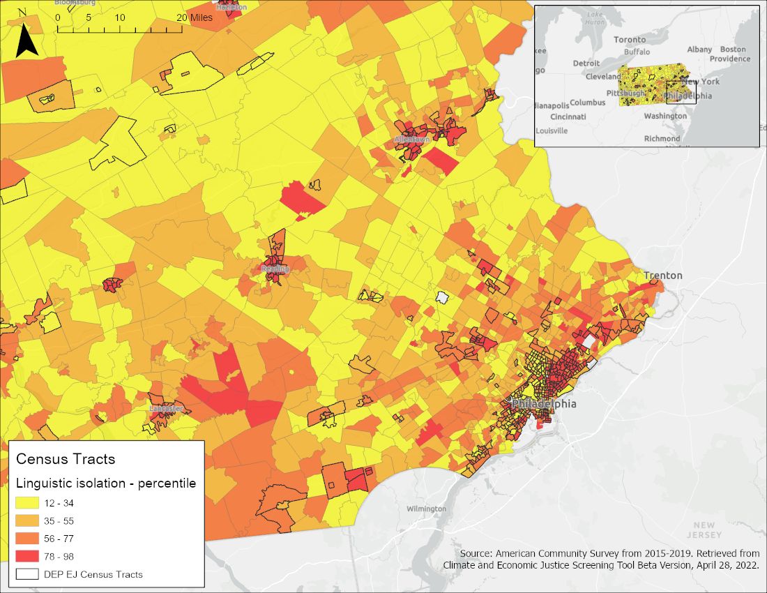 Map showing linguistic isolation in the Philadelphia area