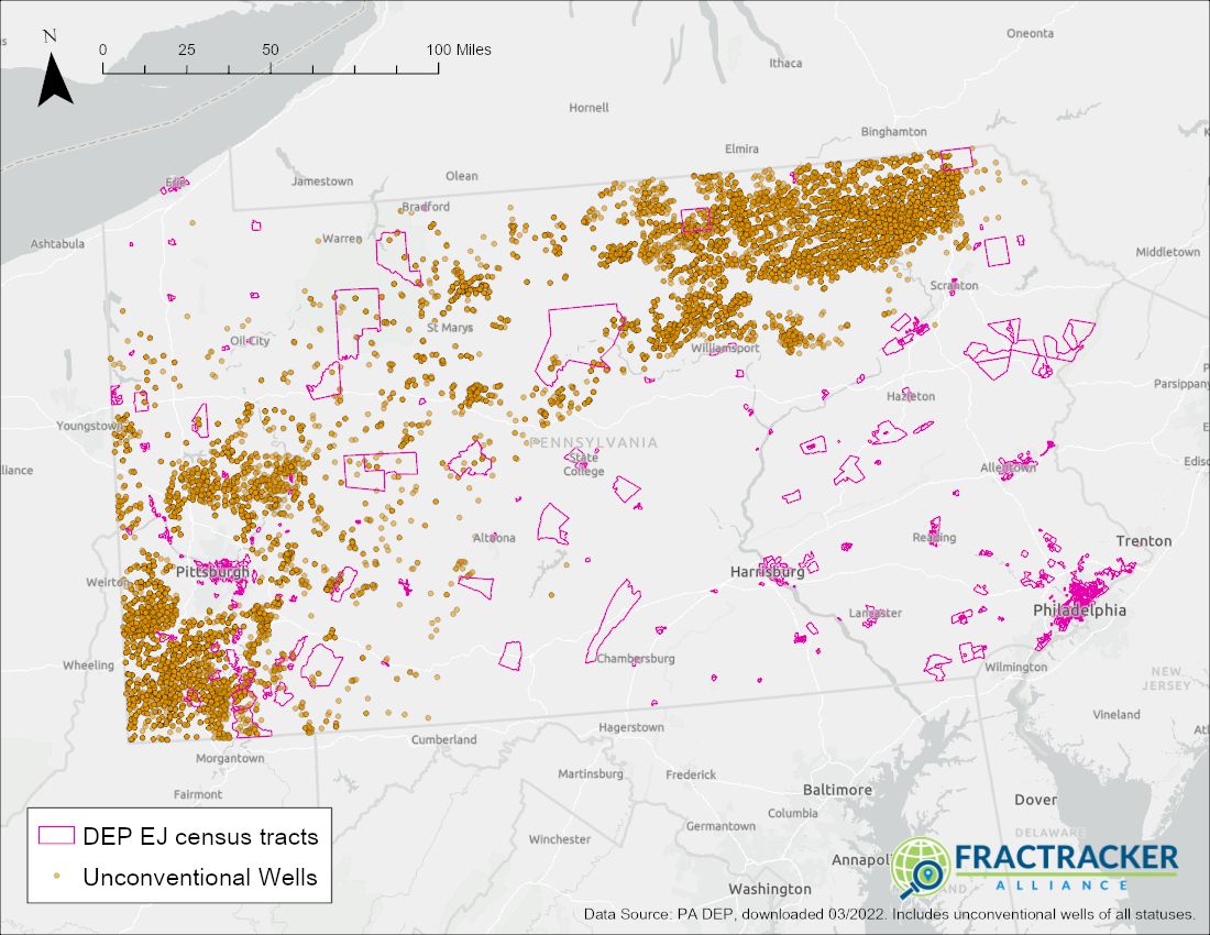 Map of wells and EJ tracts in Pennsylvania