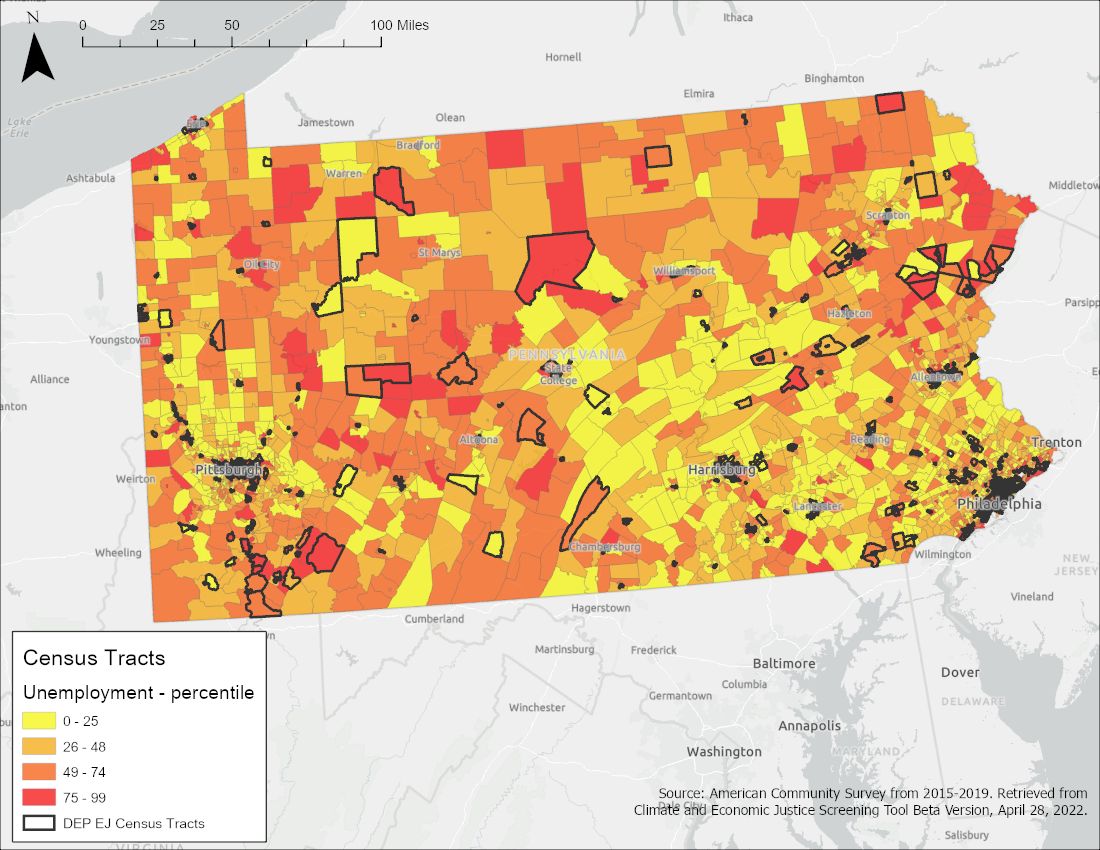 Map showing unemployment percentile in PA