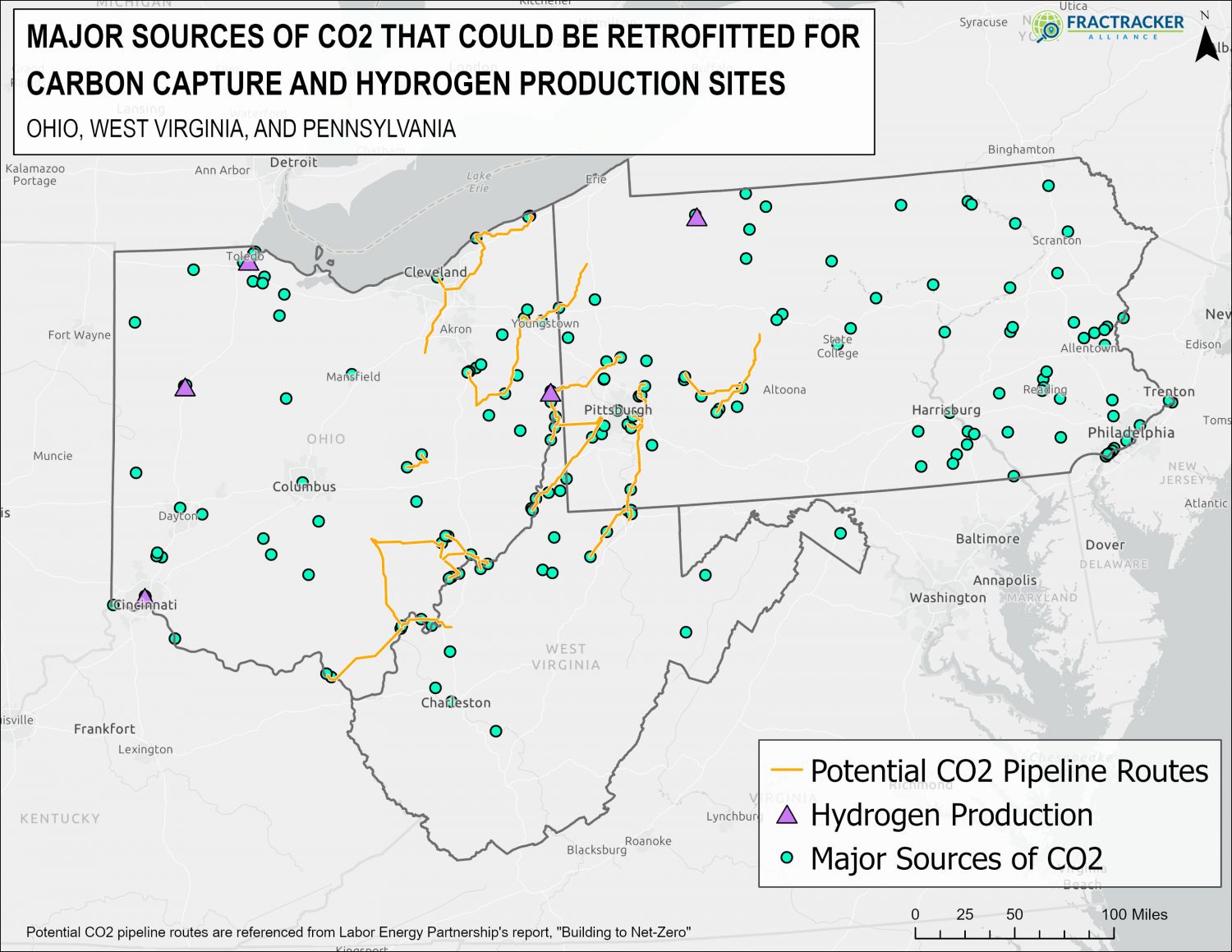 Map of greenhouse gas emitters and potential carbon dioxide pipeline routes