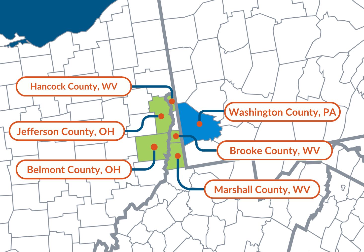 Map showing counties in Ohio, Pennsylvania, and West Virginia where FracTracker Alliance community air monitoring projects are active, focused on industrial pollution and frontline community health in the Ohio River Valley.